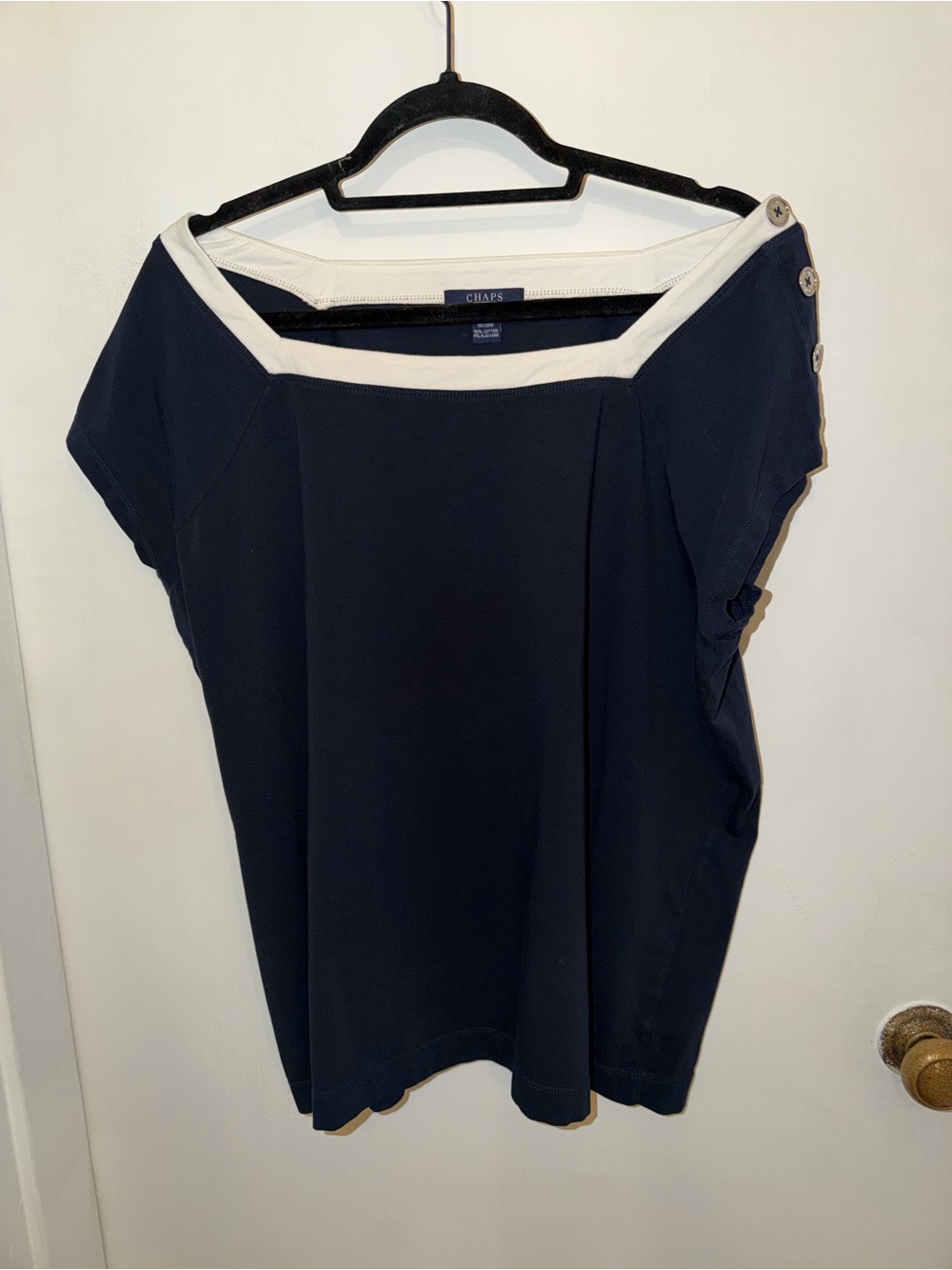 Chaps Navy Top with White Boatneck Trim and Shoulder Buttons